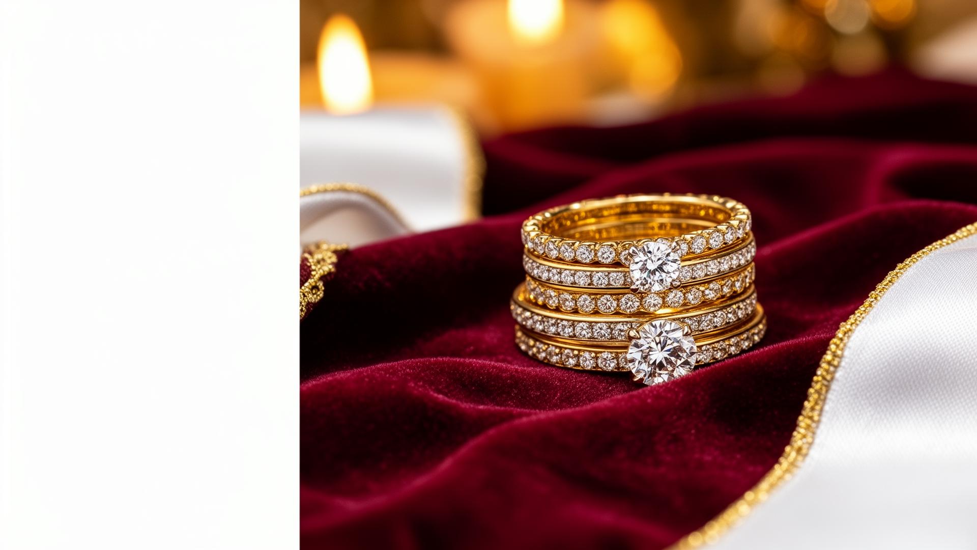 Gold diamond eternity bands on velvet red with white silk